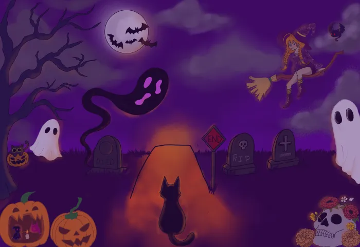 Il primer plano muestra una escena de Halloween con un gato negro en un camino iluminado, rodeado de fantasmas, calabazas, lápidas y un árbol sin hojas. En el cielo morado aparecen una luna llena con murciélagos y una bruja volando en su escoba.